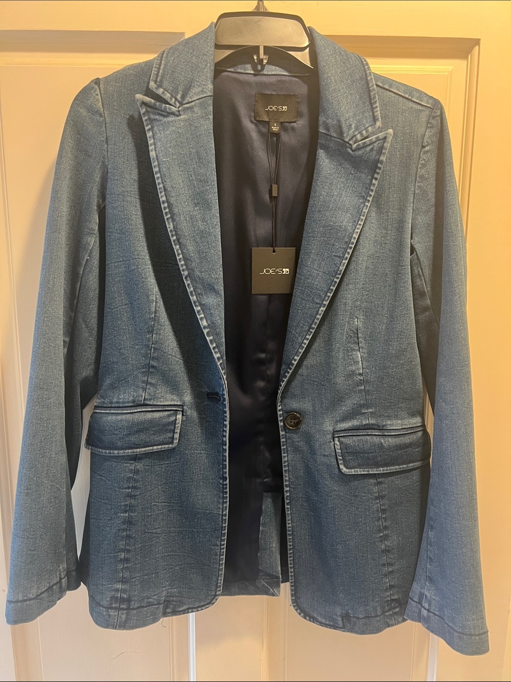 Joe's Jeans blue denim blazer with navy lining